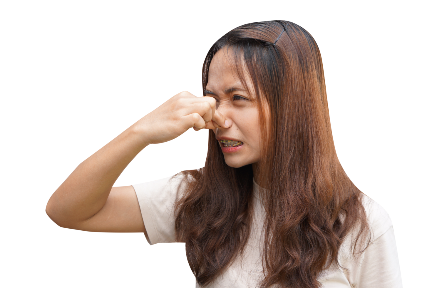 Asian woman pinching her nose with her hands not to get stinky png