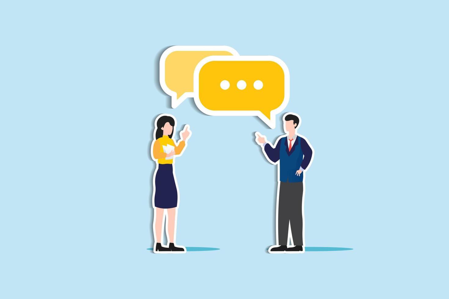 Communicate idea in business discussion, effective communication to brainstorm and come up with solution or result concept, businessman and woman coworker talking with speech bubble. paper cut style vector