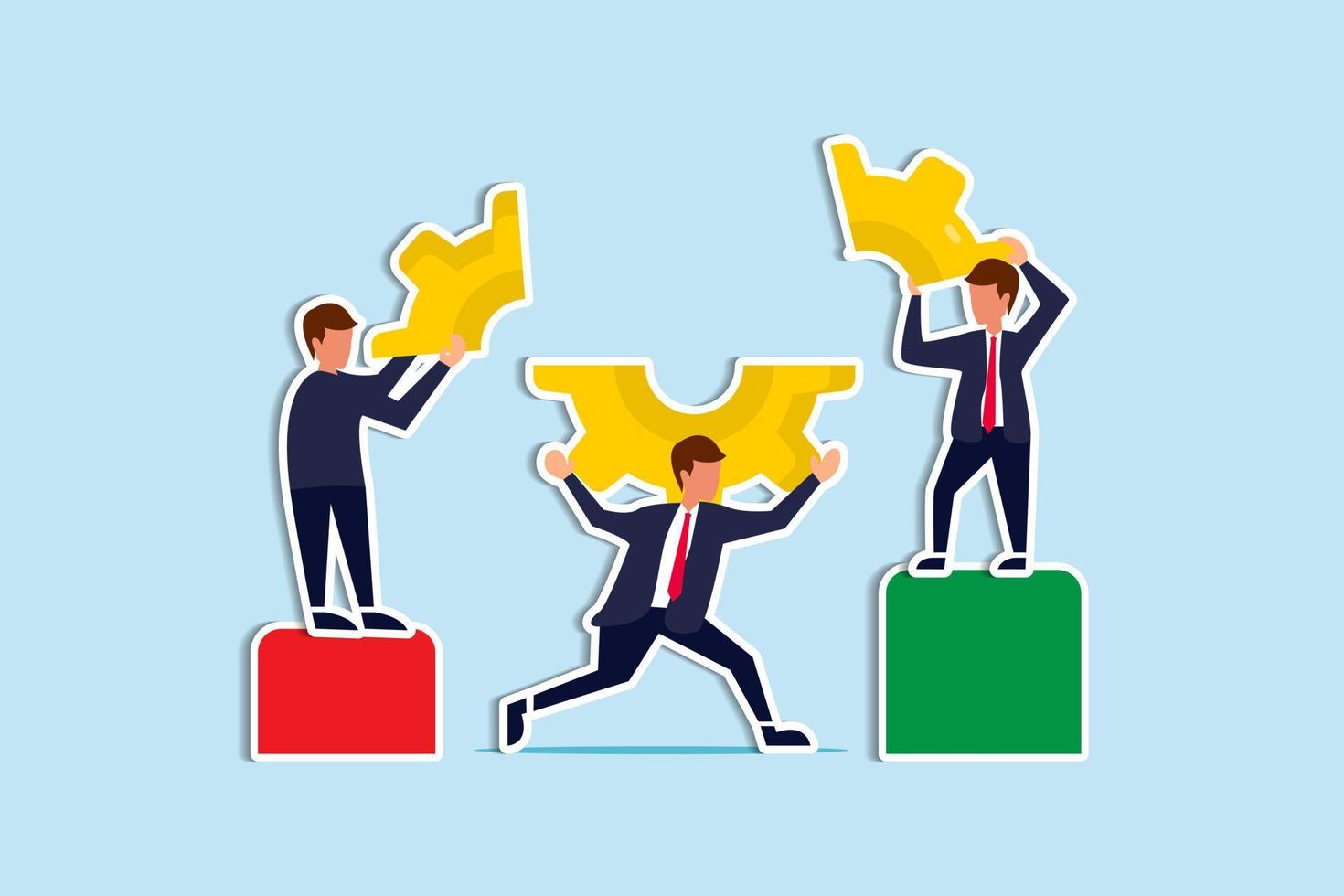 Business partnership to get solution, connection or teamwork, work efficiency, optimization or organization concept, business people team colleagues connecting cogwheel gear together. paper cut style vector