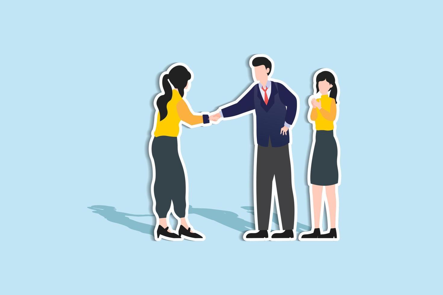 warm welcome to new office, introduce new hire to colleagues, orientation training on first day concept, businessman manager handshake welcome and introduce new staff to team. Paper Cut Style vector