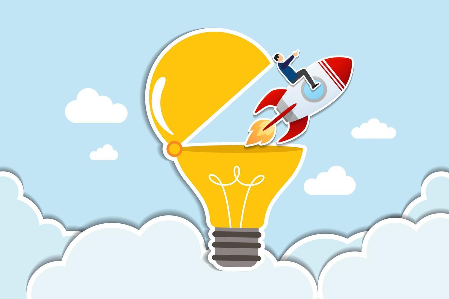 Innovation  idea, entrepreneurship or startup, creativity to begin business or breakthrough idea concept, innovative rocket launch flying high from opening bright lightbulb idea. paper cut style vector
