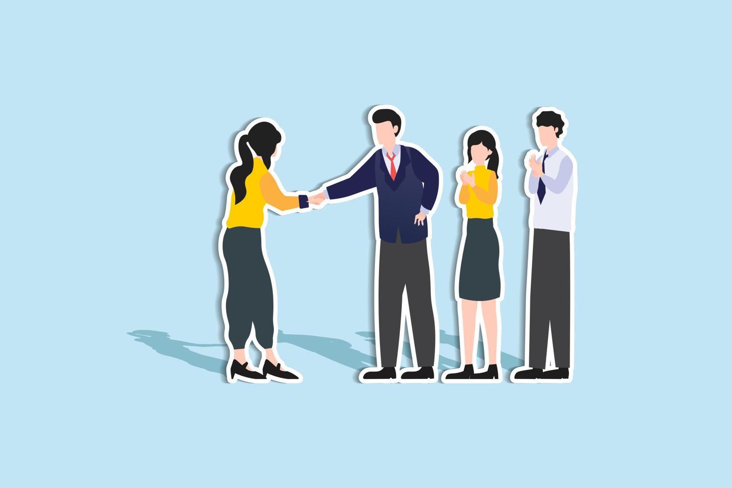 warm welcome to new office, introduce new hire to colleagues, orientation training on first day concept, businessman manager handshake welcome and introduce new staff to team. Paper Cut Style vector