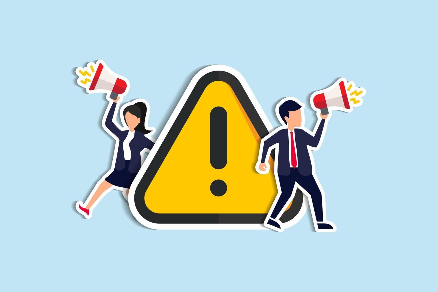 Important announcement, attention, breaking news or urgent message communication, alert and beware concept, business people announce on megaphone with attention exclamation sign. Paper Cut Style vector