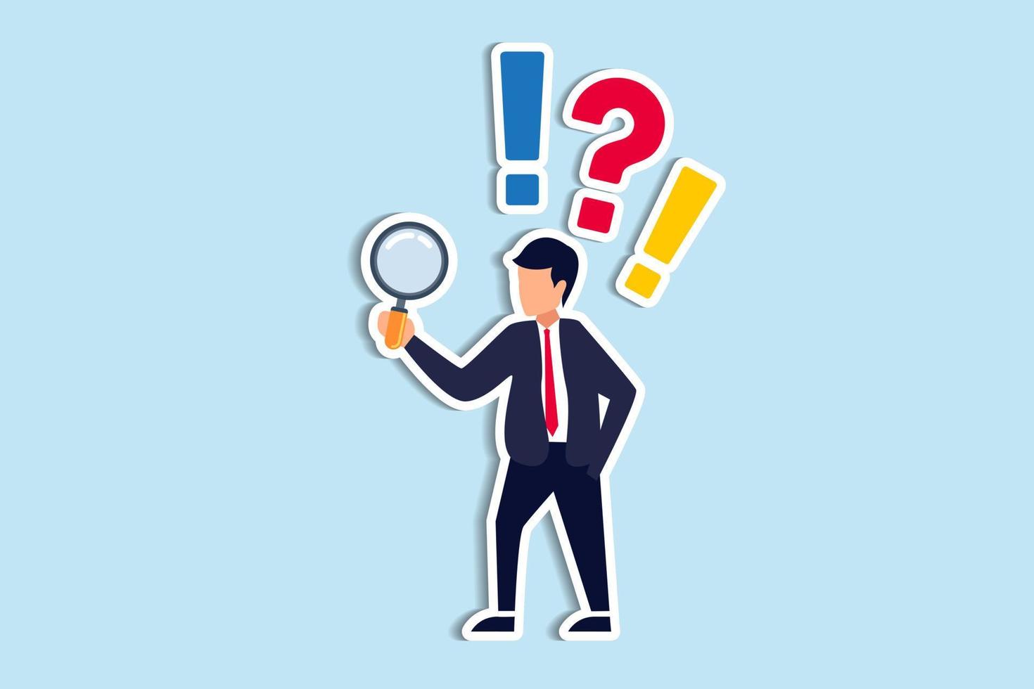 Observation or examination, curiosity to discover secret, search or analyze information, investigate or research concept, curious businessman holding magnifying glass observe data with question mark vector
