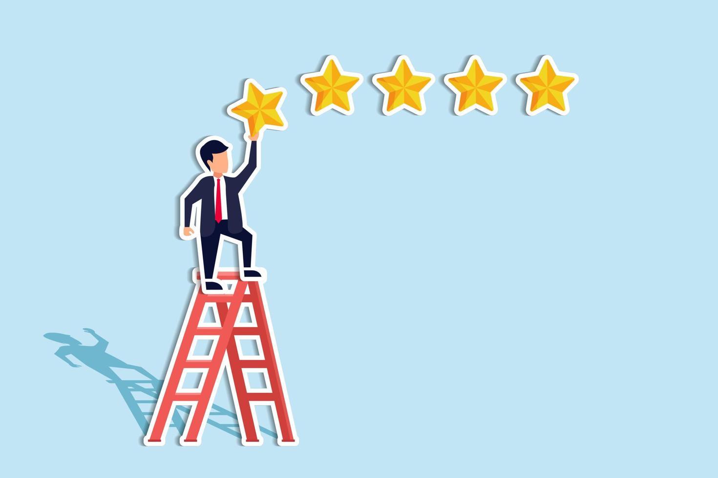 Customer rating. Businessman stands on ladder and gives 5 star, Positive review evaluation system concept. Businessman success review, rating service customer illustration. Paper Cut Style vector