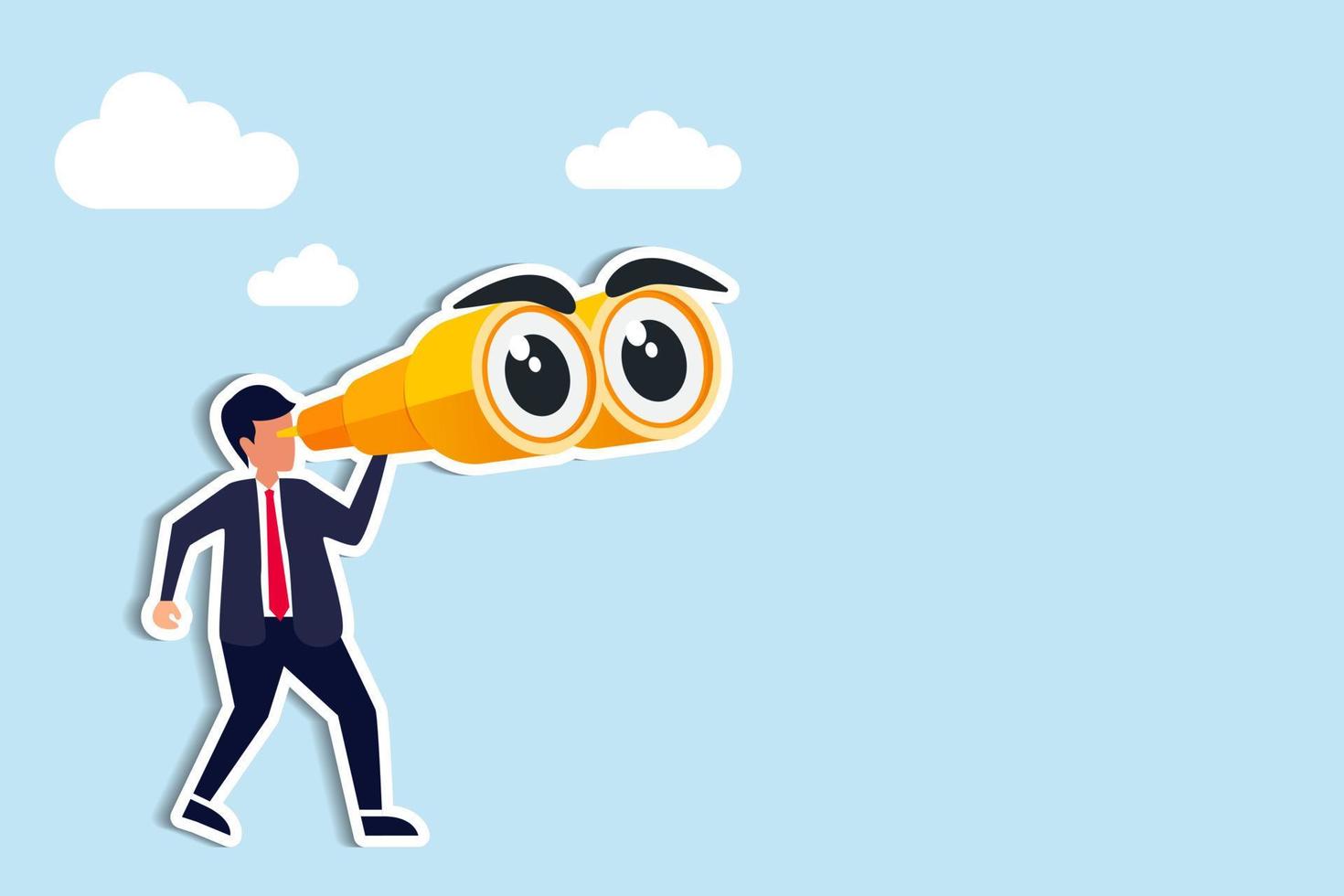Observation, search for opportunity, curiosity or surveillance, inspect or discover new business, job search or hr finding candidate concept, curious businessman look through binoculars with big eyes vector