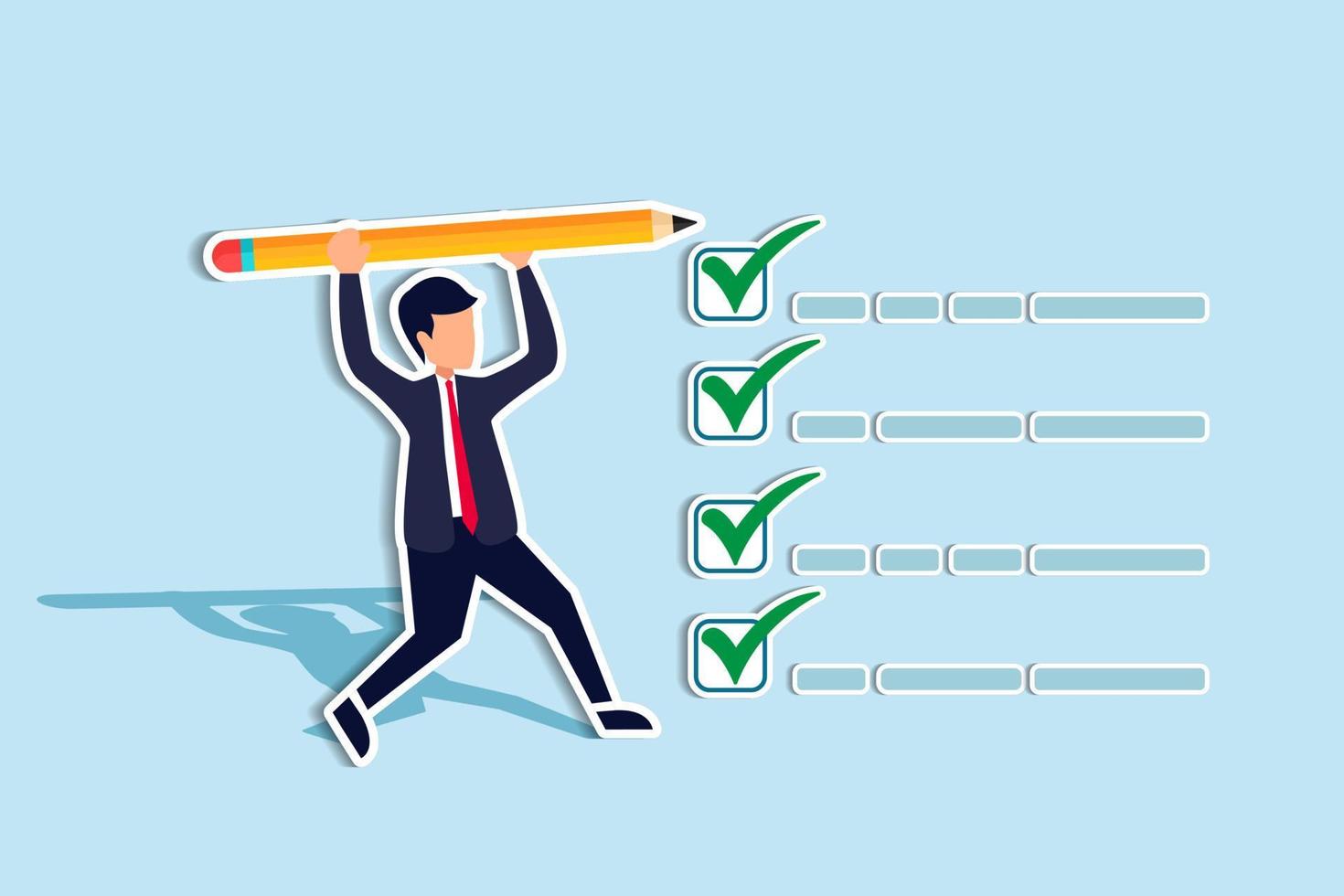 Getting things done, completed tasks or business accomplishment, finished checklist, achievement or project progression concept, businessman expert holding pencil tick all completed task checkbox vector