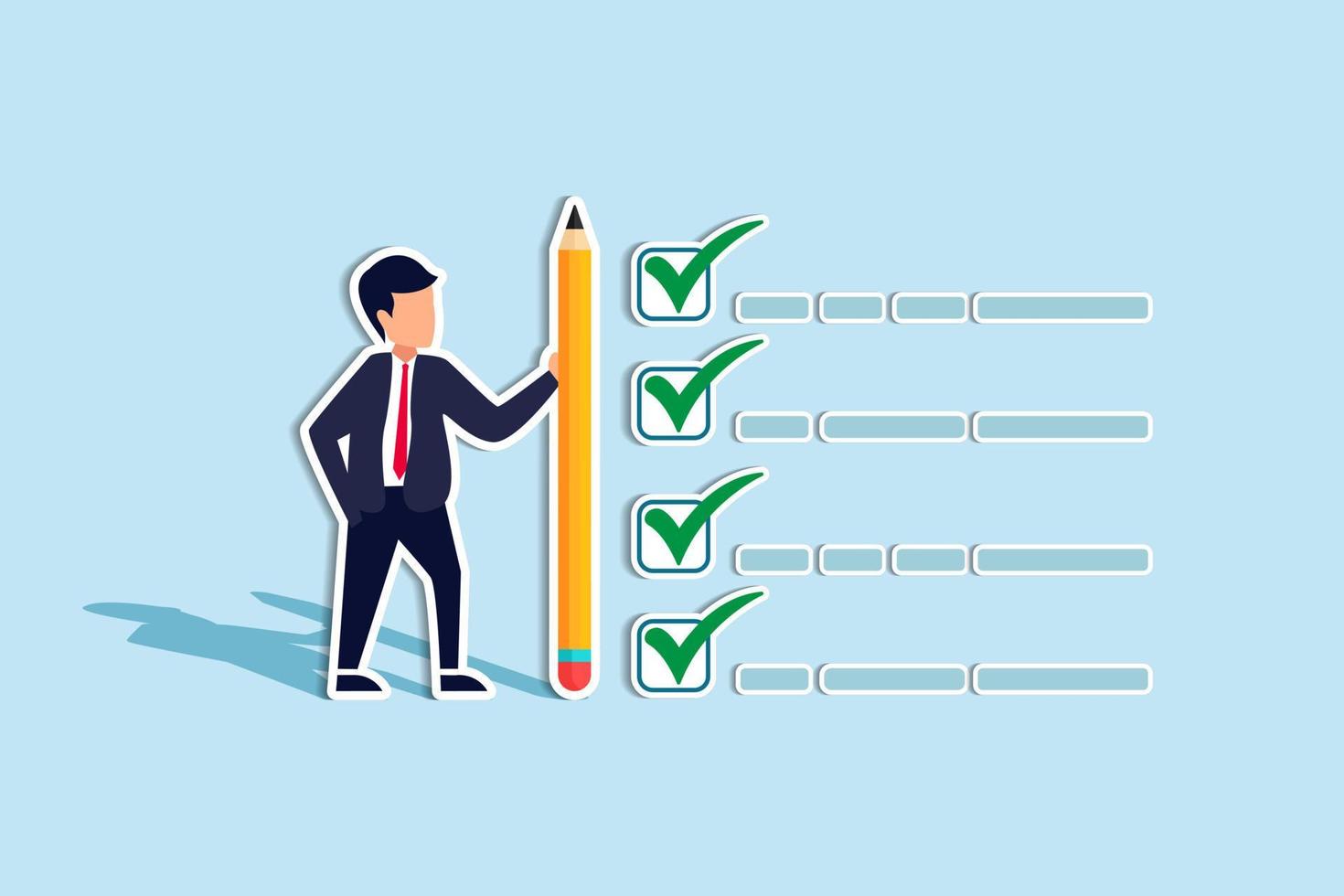 Getting things done, completed tasks or business accomplishment, finished checklist, achievement or project progression concept, businessman expert holding pencil tick all completed task checkbox vector