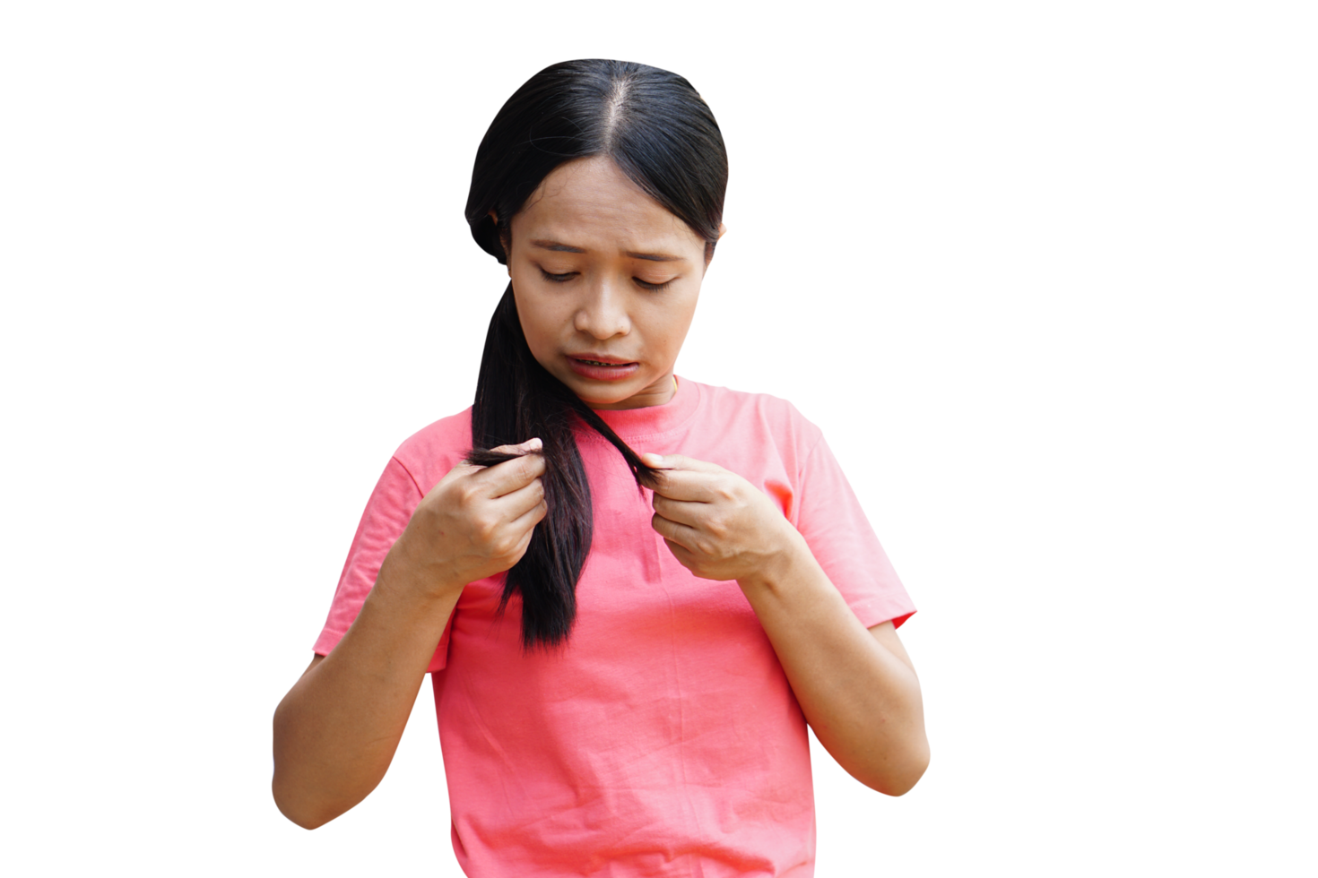 Asian women with damaged hair, split ends png