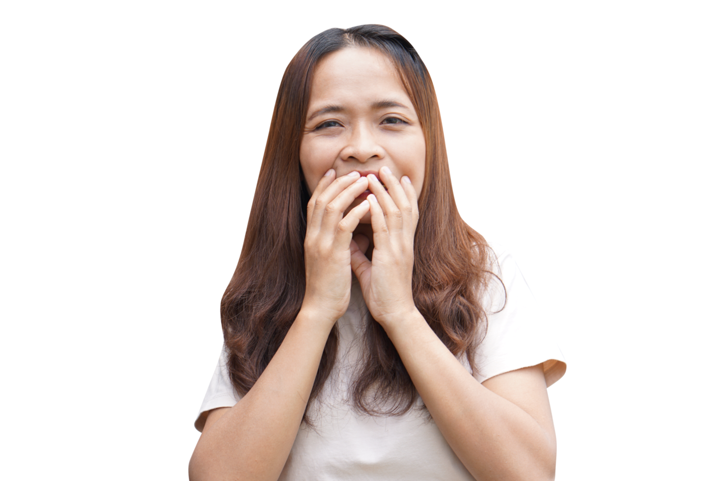 Asian woman covering her mouth with her hands png