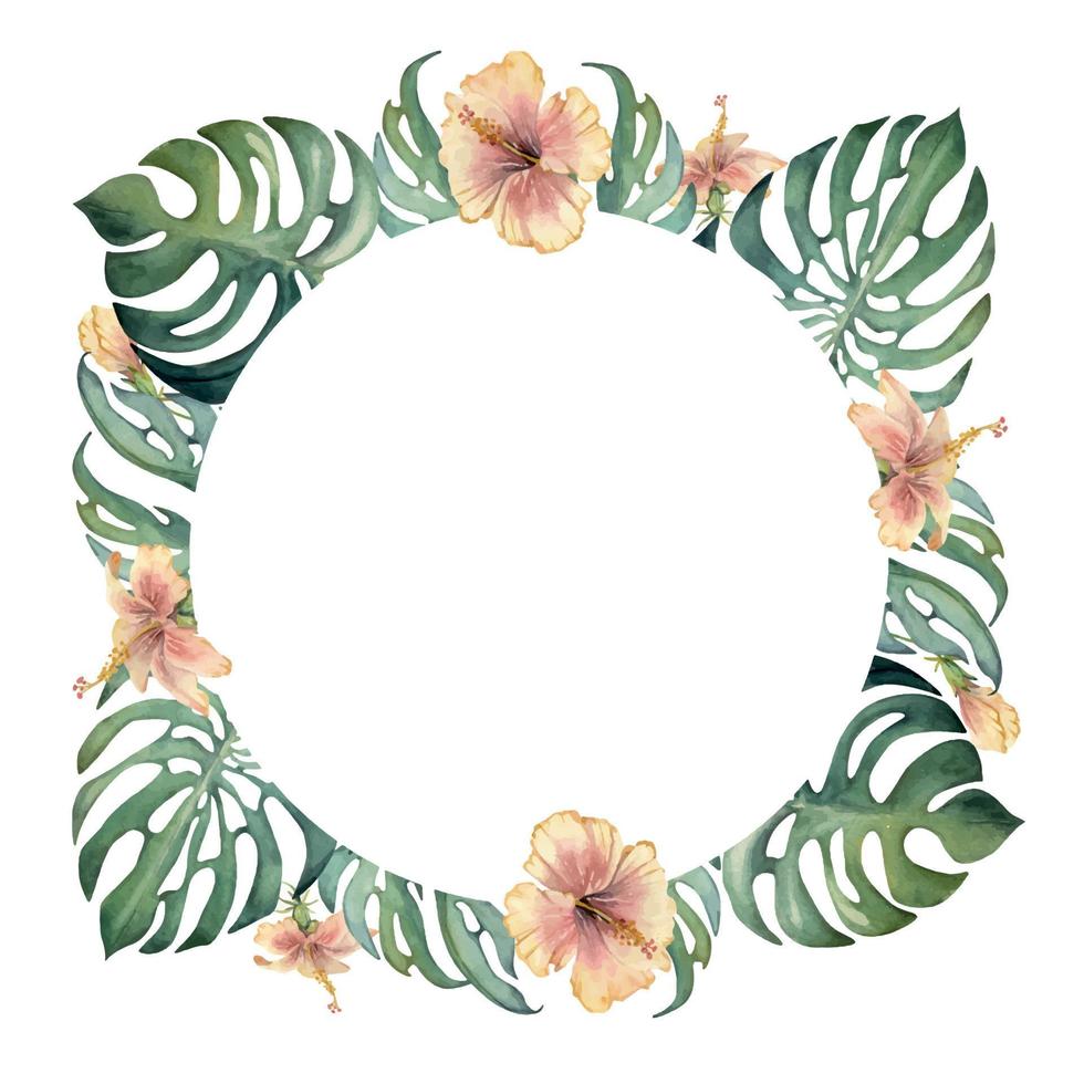 Hand drawn watercolor exotic monstera leaves and hibiscus flowers. Circle wreath frame. Isolated on white background. Design wall art, wedding, print, fabric, cover, card, tourism, travel booklet. vector