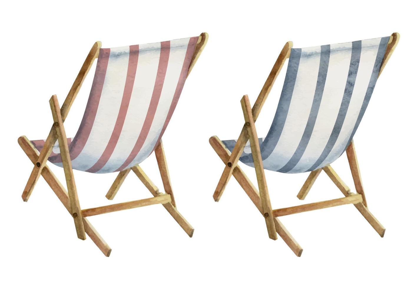 Hand drawn watercolor elements. Pair of striped beach deck chairs, sun chaise lounge. Isolated on white background. Design wall art, wedding, print, fabric, cover, card, tourism, travel booklet. vector