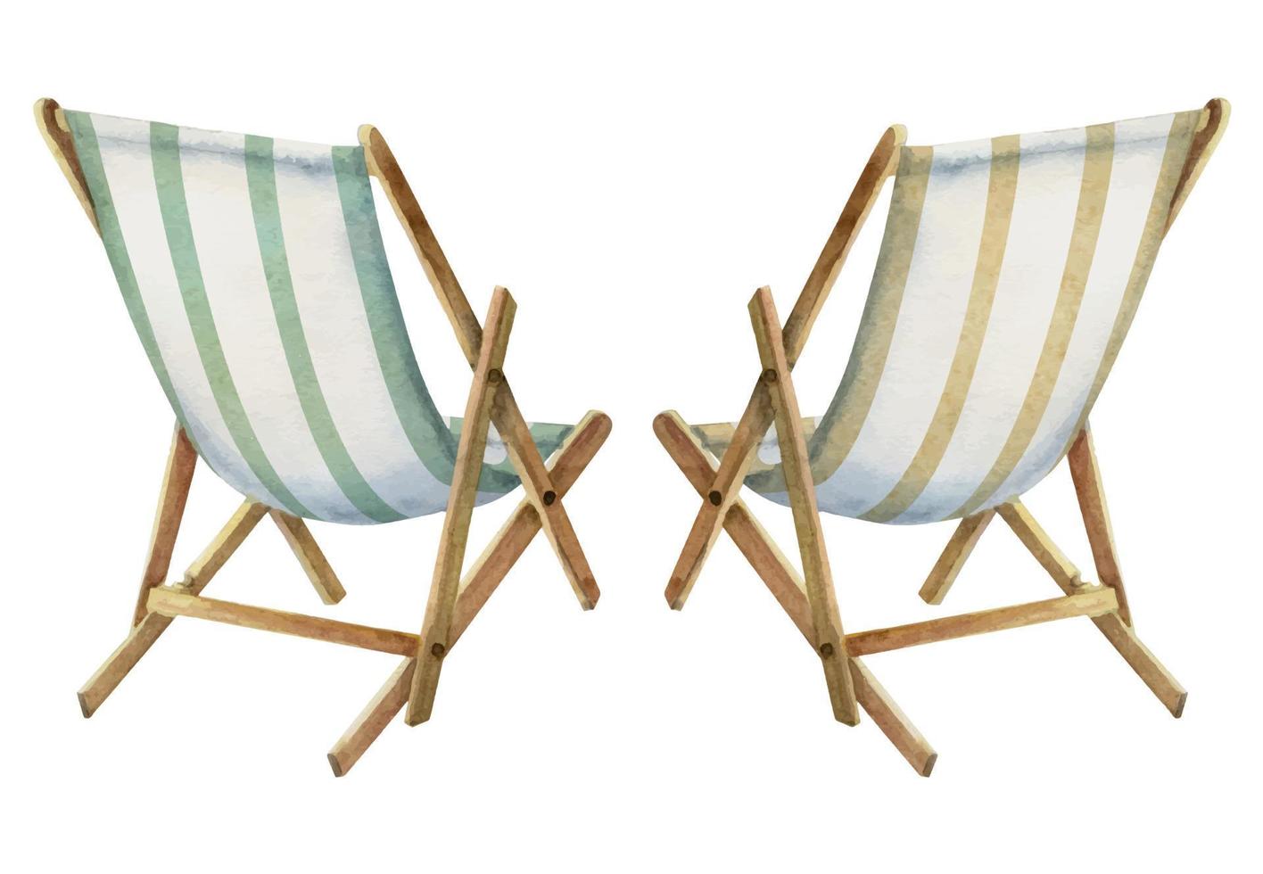 Hand drawn watercolor elements. Pair of striped beach deck chairs, sun chaise lounge. Isolated on white background. Design wall art, wedding, print, fabric, cover, card, tourism, travel booklet. vector