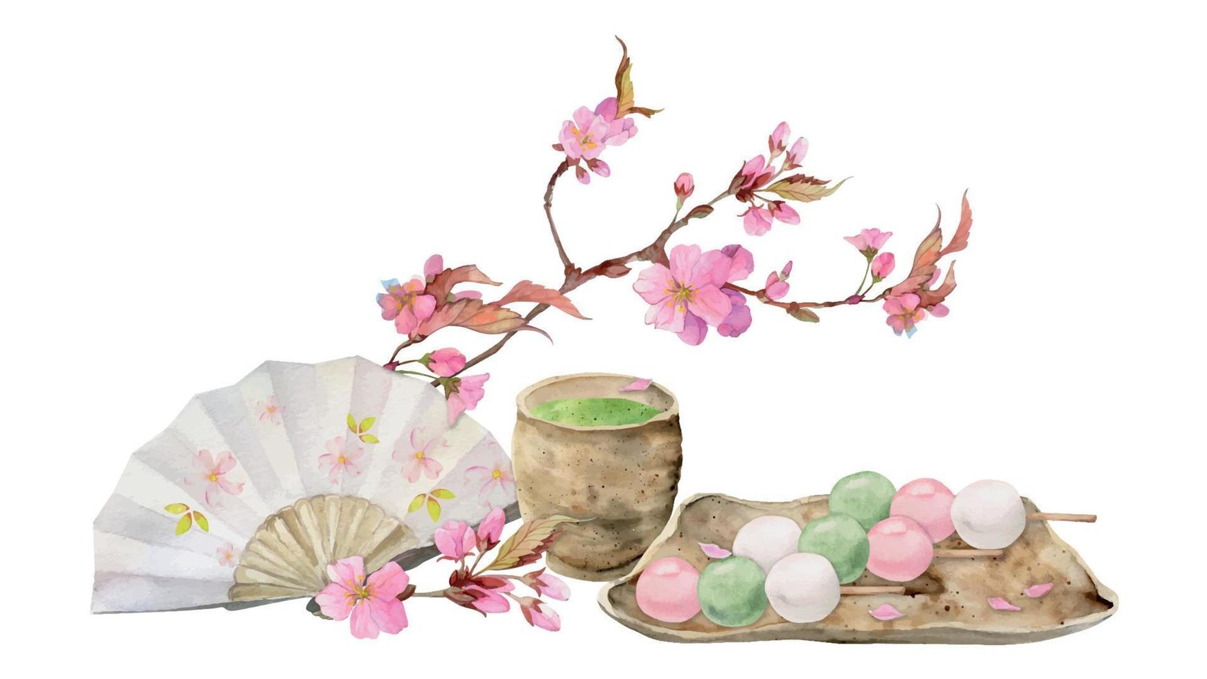 acuarela mano dibujado tradicional japonés dulces cerámico plato, primavera neri-kiri, mochi, objetos. aislado en blanco antecedentes. diseño para invitaciones, restaurante menú, saludo tarjetas, imprimir, textil vector