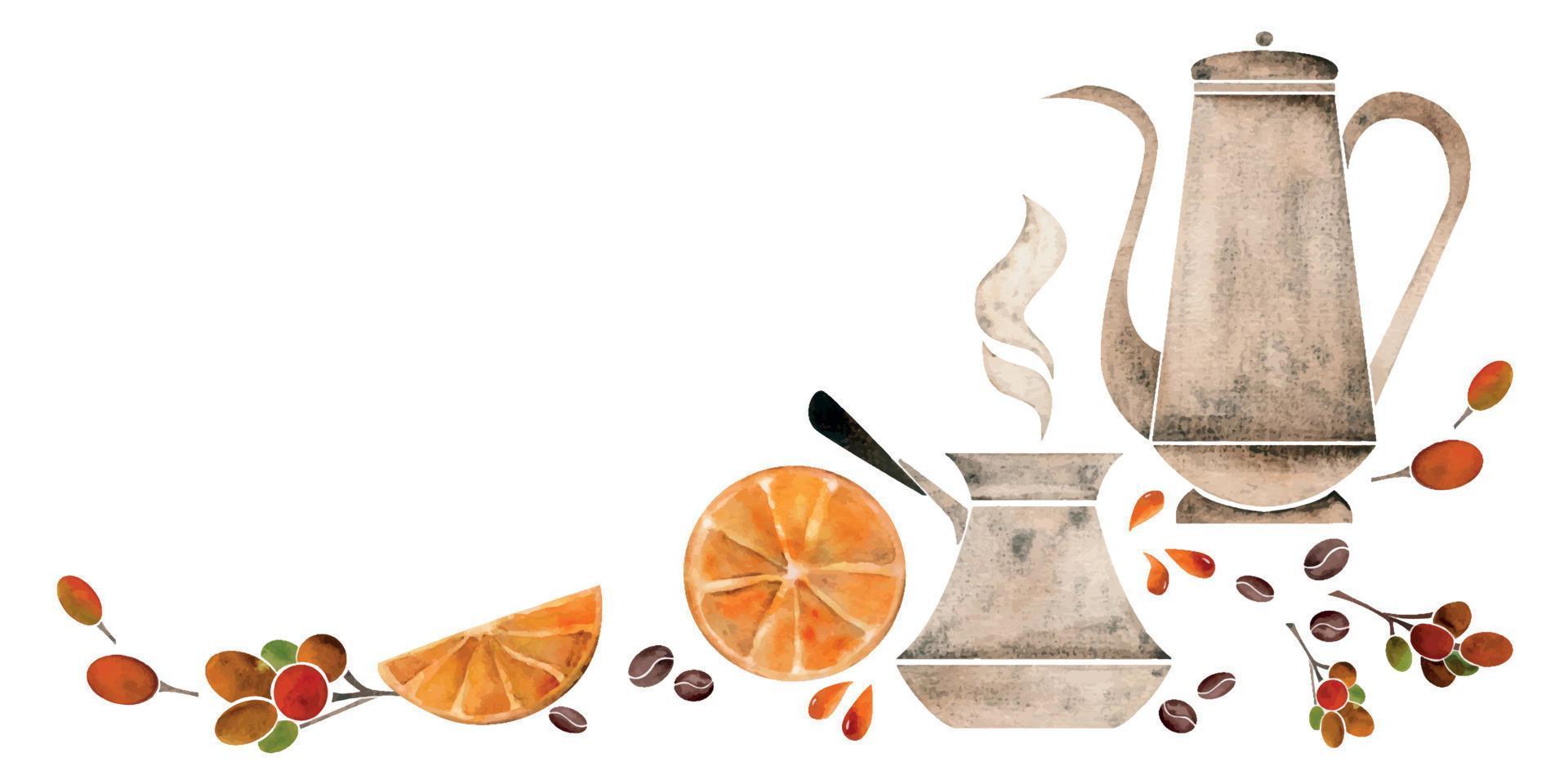 Watercolor hand drawn composition with copper coffee pot, cezve, beans, orange slices, cinnamon sticks. Isolated on white background. For invitations, cafe, restaurant food menu, print, website, cards vector