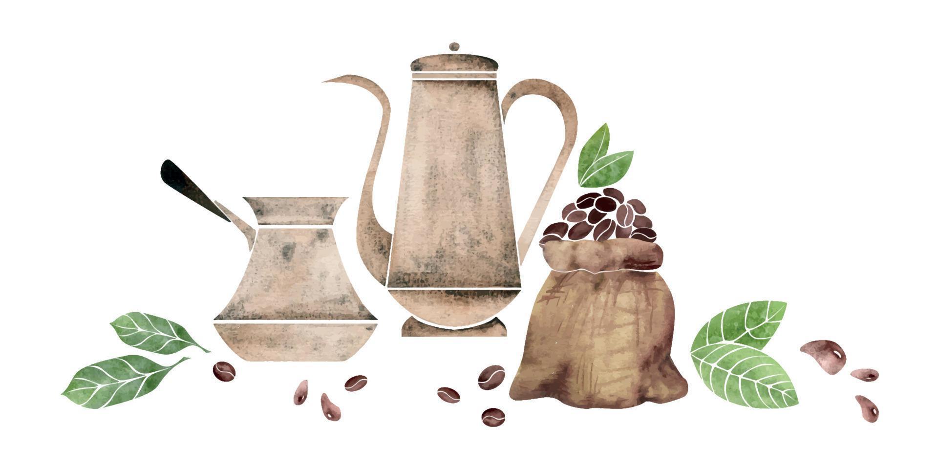 Watercolor hand drawn composition with coffee copper pot, cezve, jute bag beans leaves cinnamon sticks. Isolated on white background. For invitations, cafe, restaurant food menu, print, website, cards vector