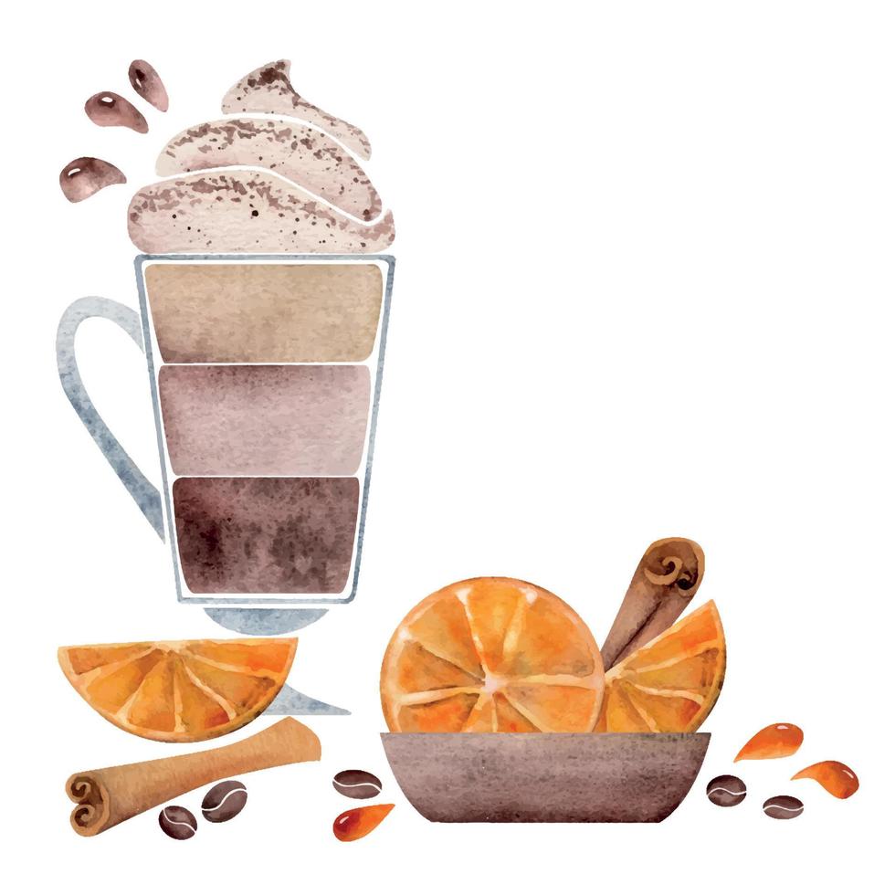 acuarela mano dibujado composición con en capas latté café taza, azotado crema, naranja, canela. aislado en blanco antecedentes. para invitaciones, cafetería, restaurante comida menú, imprimir, sitio web, tarjetas vector