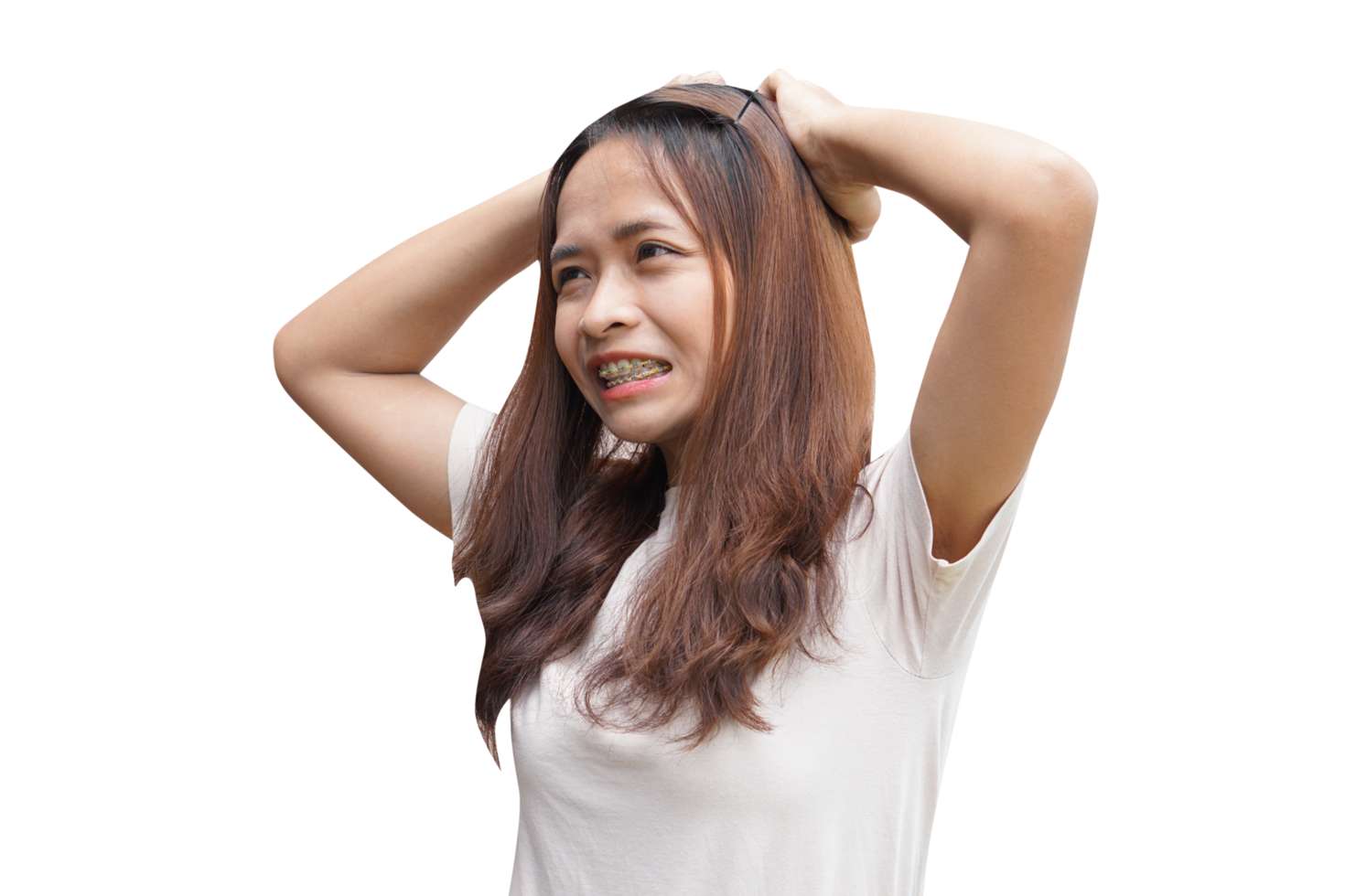 Asian woman having itchy head from dandruff png