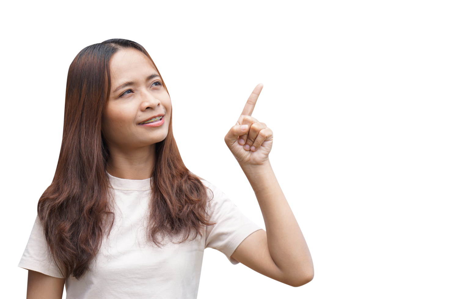 Asian woman with pointing hand pressing front png