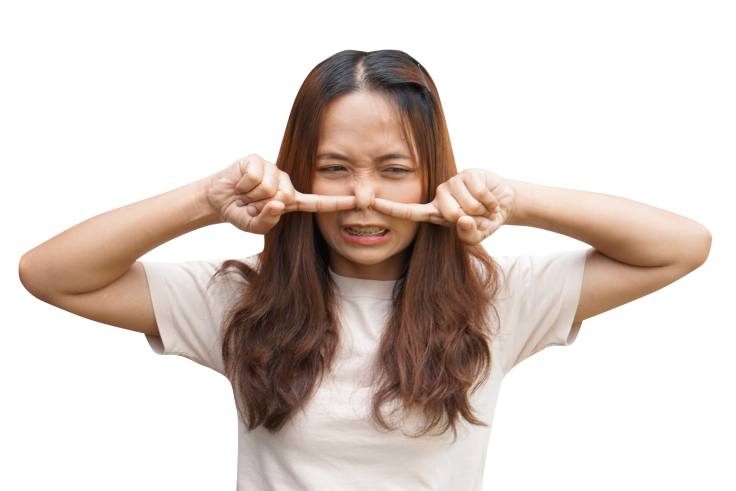 Asian woman pinching her nose with her hands not to get stinky png