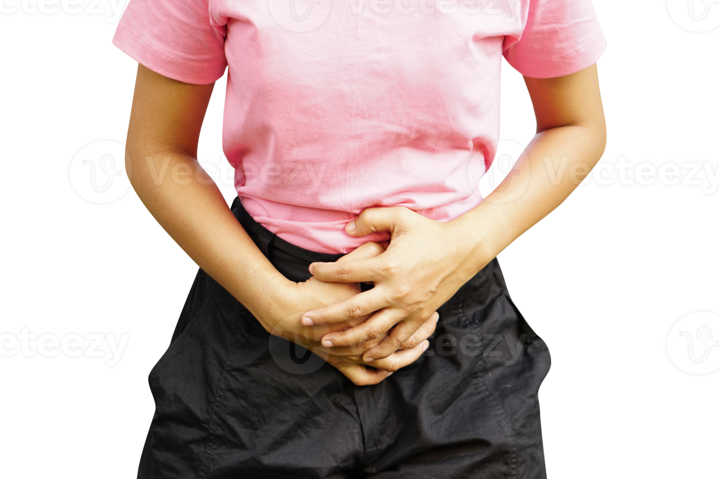 Asian woman having abdominal pain from not eating on time png