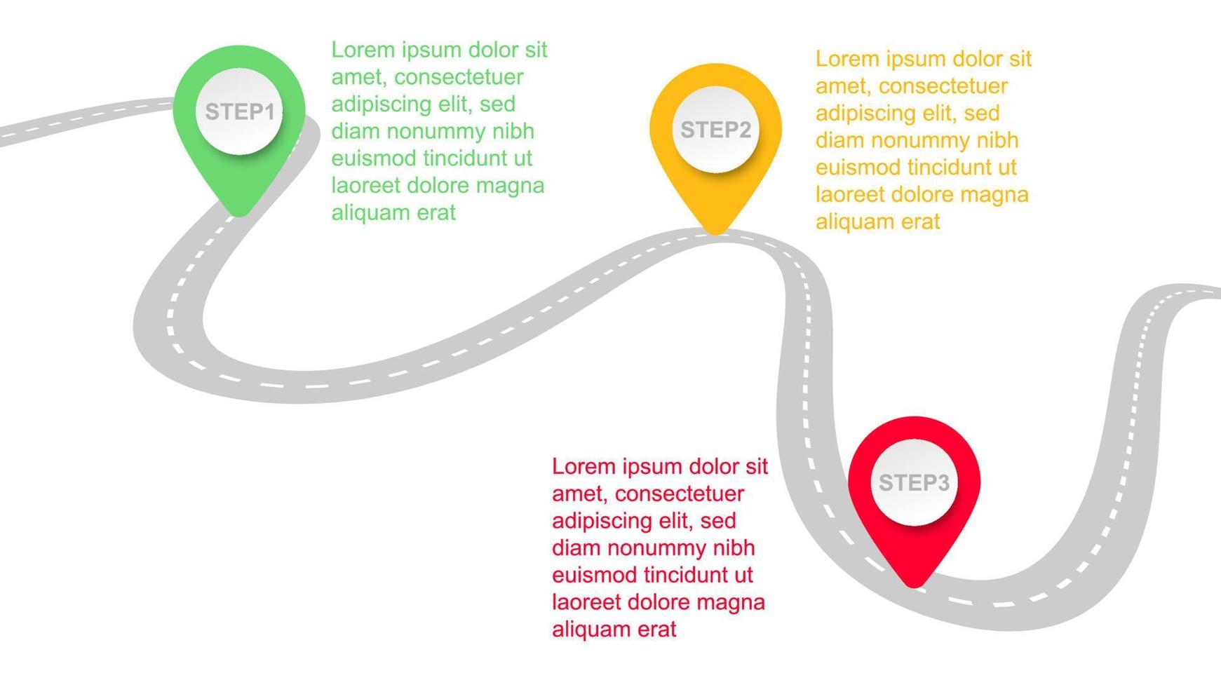 infographic template with modern color pin point show road map or three steps business process information presentation vector