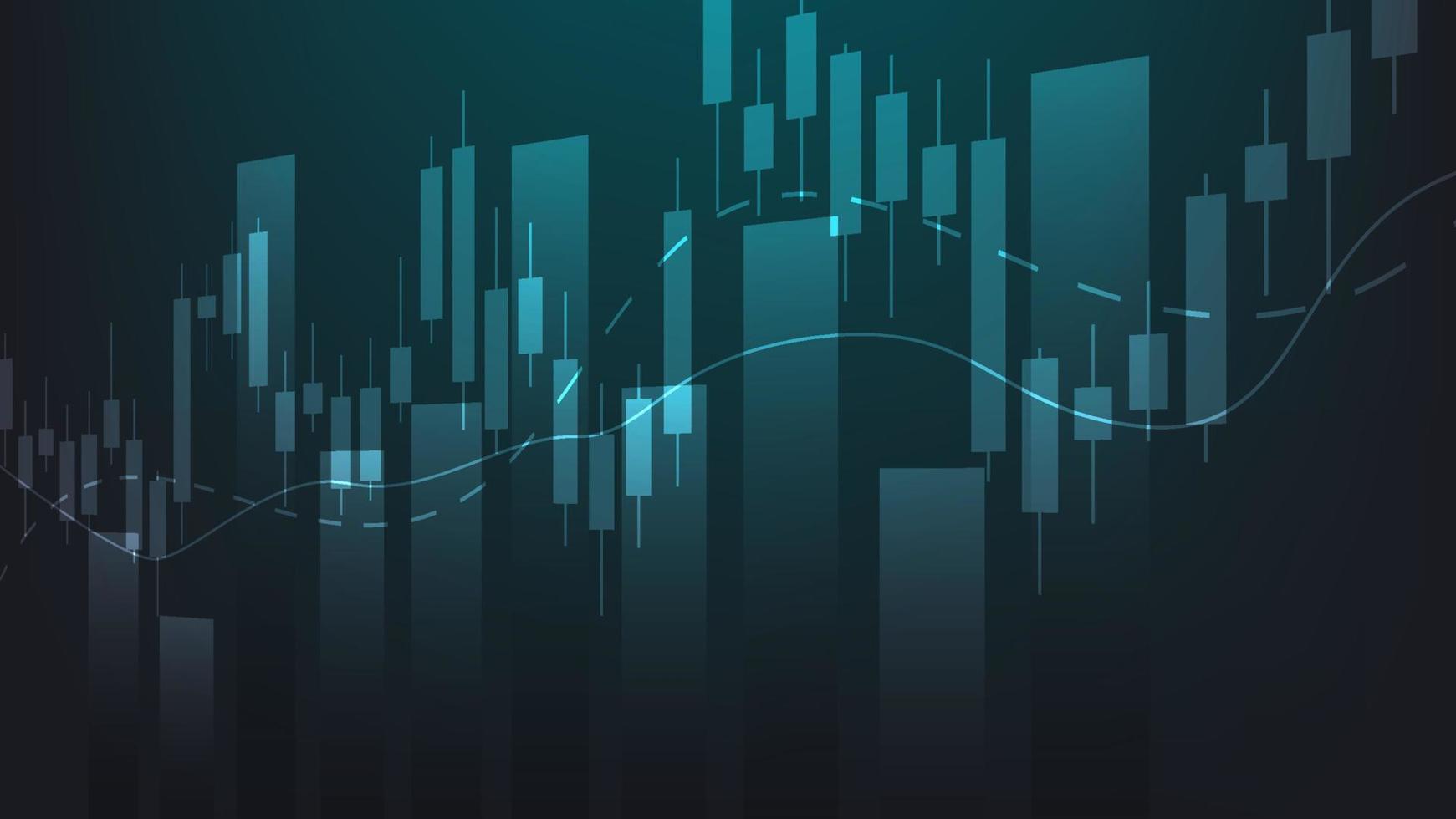 concepto de situación económica. las estadísticas de negocios financieros con gráfico de barras y gráfico de velas muestran el precio del mercado de valores y el cambio de divisas en el fondo verde vector