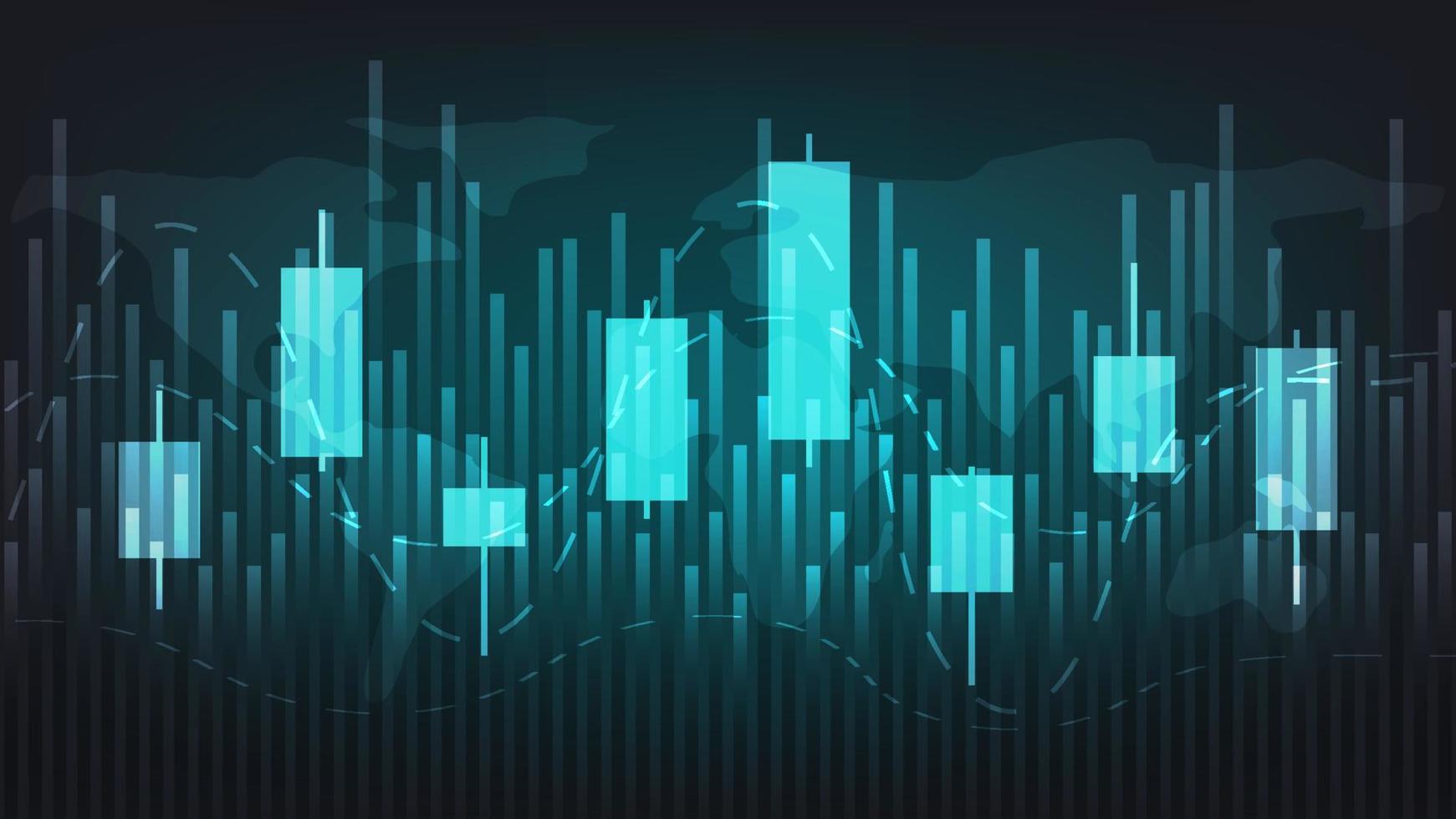 economy situation concept. Financial business statistics with bar graph and candlestick chart show stock market price and currency exchange on green background vector