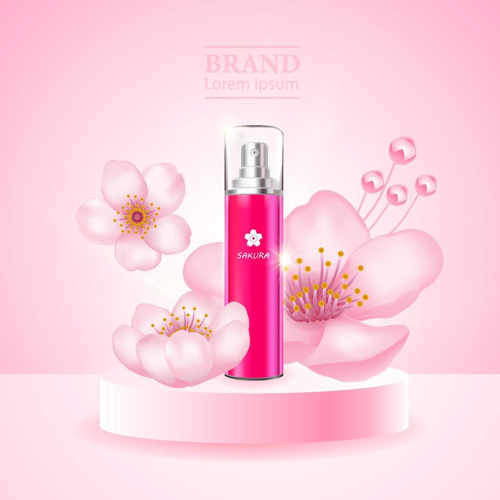 Cherry blossom, sakura branch with pink flowers illustration. vector