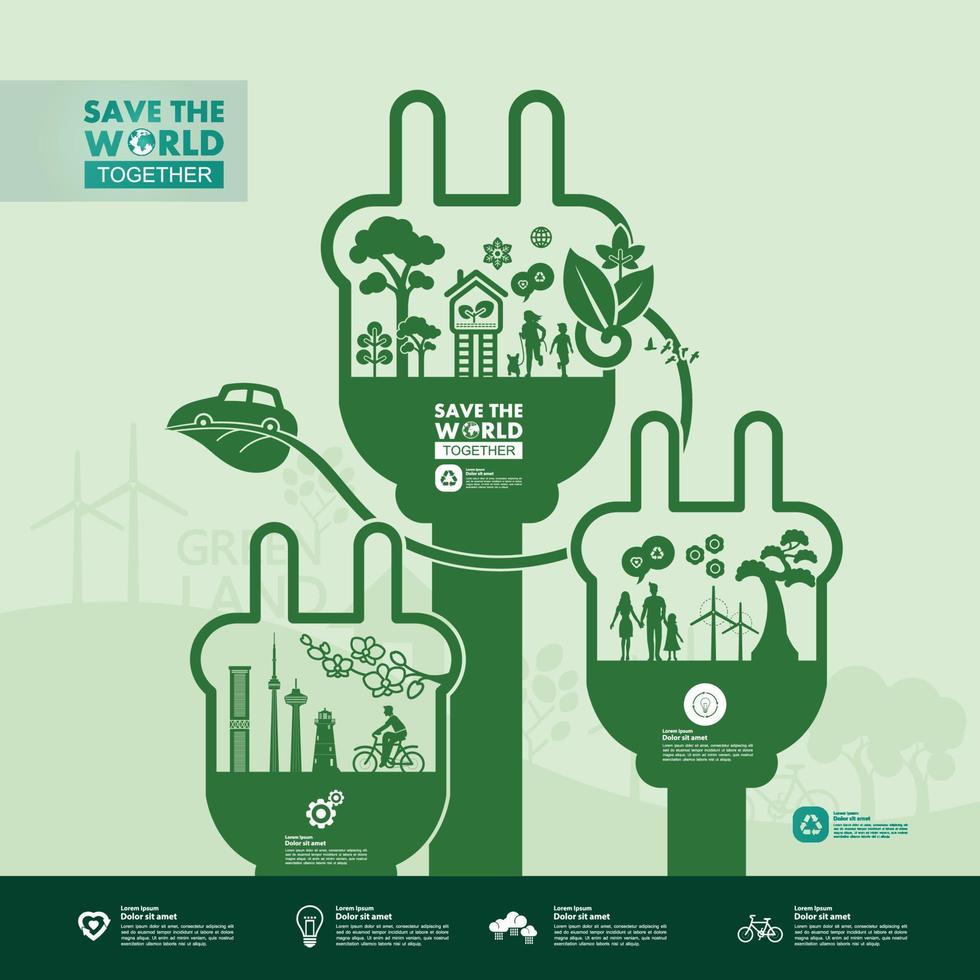 Save the world together green ecology vector illustration.