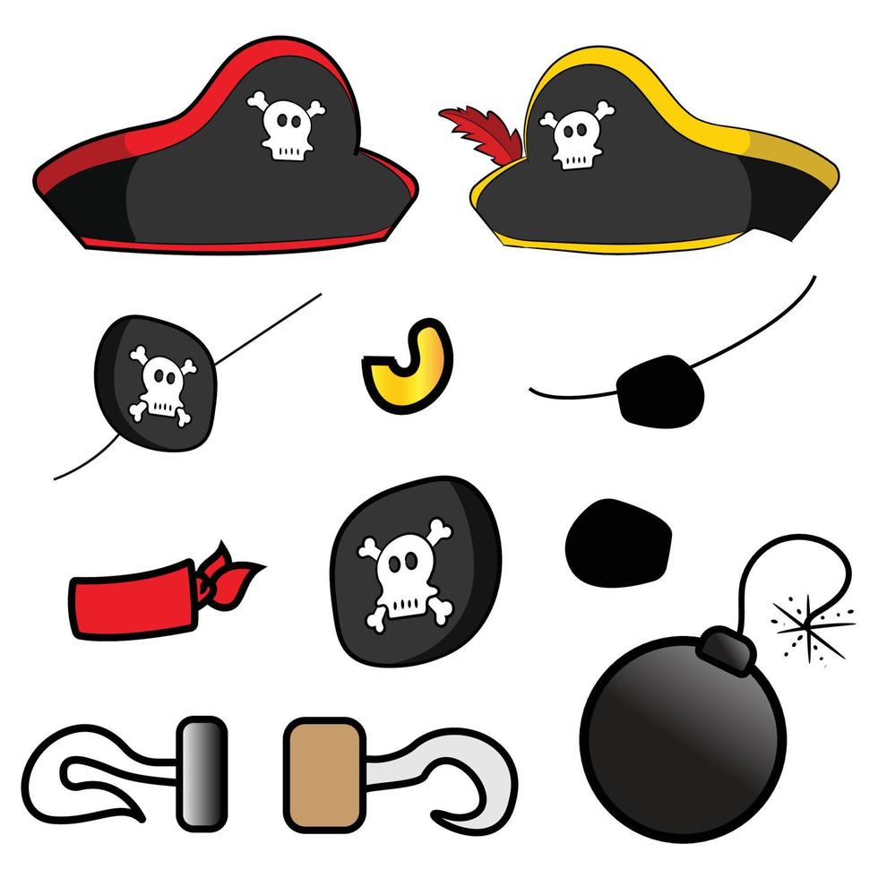 Set Of Pirate Captain Hat Crossbones Eye Patch Skull Hook Bomb vector