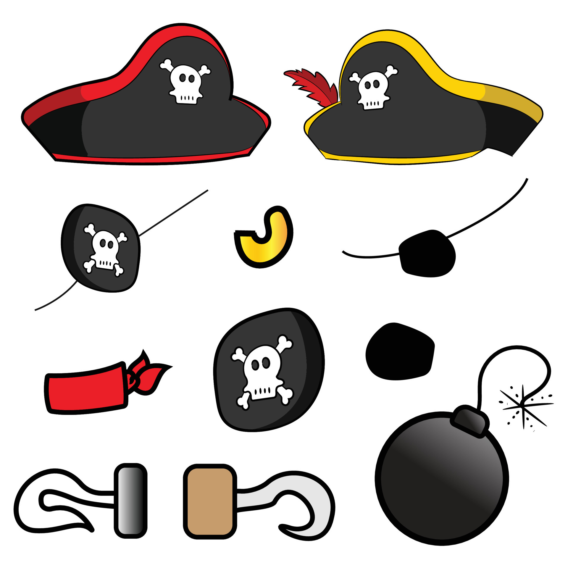 Set Of Pirate Captain Hat Crossbones Eye Patch Skull Hook Bomb 20952970