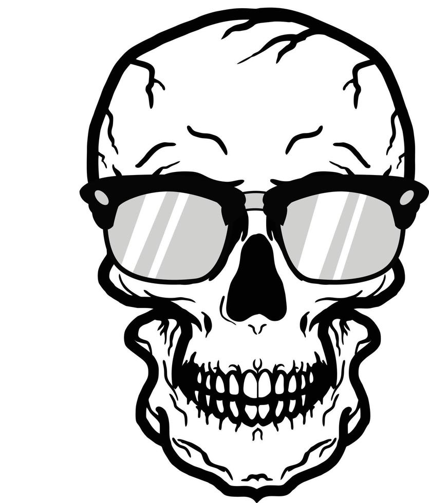 Skull head  wearing sunglasses and listening music in headphones. skull pirate, vector illustration in monochrome vintage style isolated on white