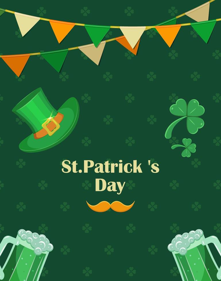 St. patrick day poster. Flyer in green with shamrockpatrick, lipricon hat and red mustache. Irish national holiday congratulations. vector