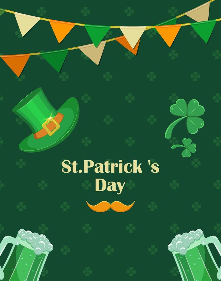 S t. Patricio día póster. volantes en verde con patricio trébol, lipricon sombrero y rojo Bigote. irlandesa nacional fiesta Felicidades. vector