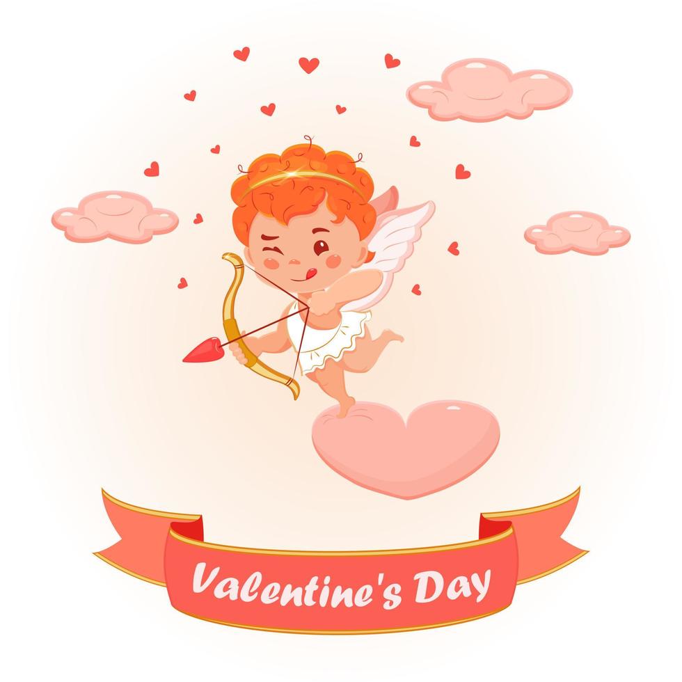 Cupid with bow and arrow. Vector illustration of cherub in pink clouds. Red-haired cute angel in cartoon style