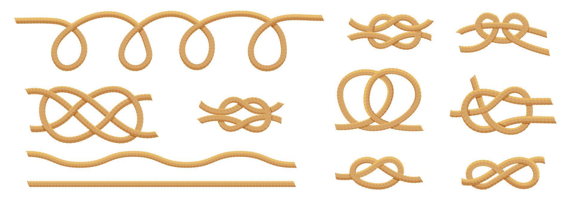 Marine rope knots. Vector illustration of jute patterns isolated on white. Antique cords of various shapes. Seamless brown ropes