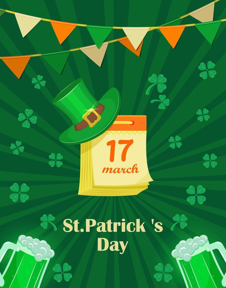 St. patrick day poster. Irish holiday invitation. Vintage calendar with date on green background with clover vector