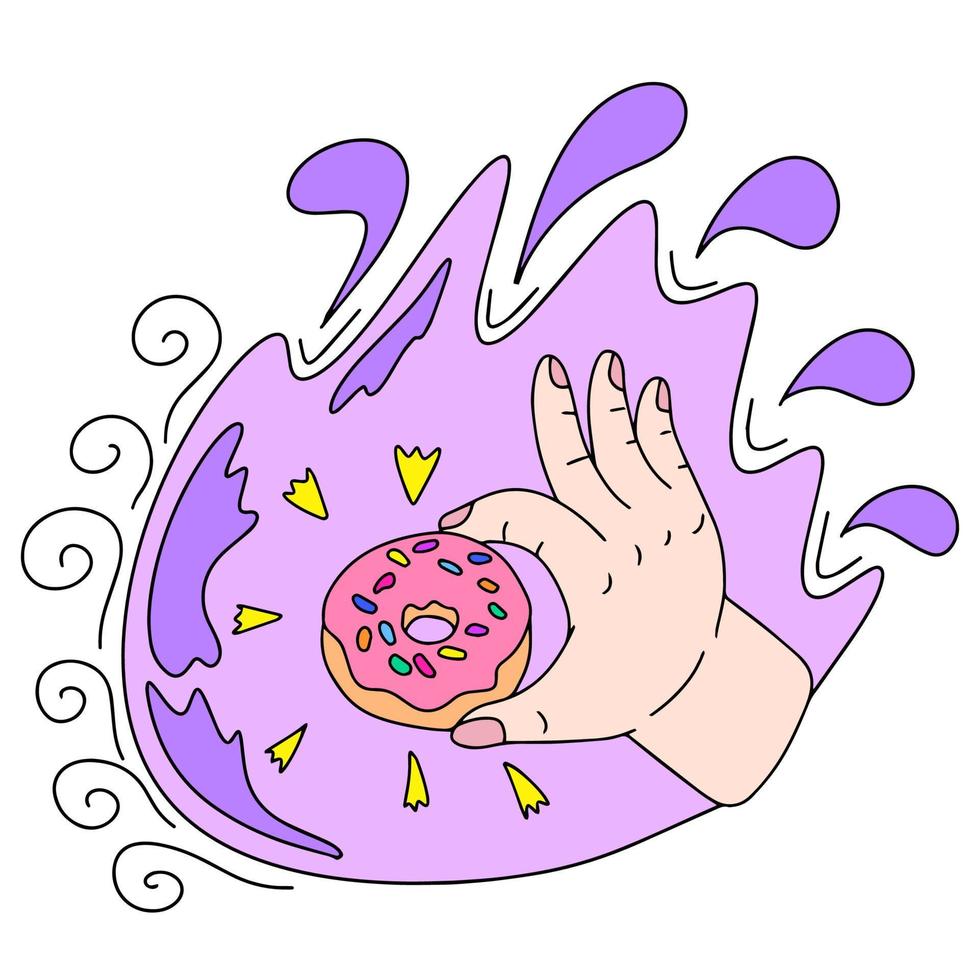 el mano sostiene el donar el concepto de un delicioso bocadillo. esta es un vector imagen en el estilo de un cómic libro