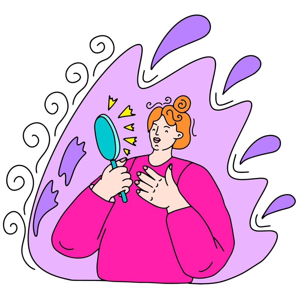 The girl looks in the mirror. This is a vector picture in the style of a comic book
