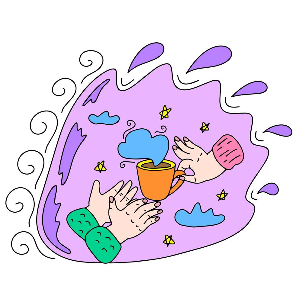 Serving a drink in a mug. This is a vector picture in the style of a comic book