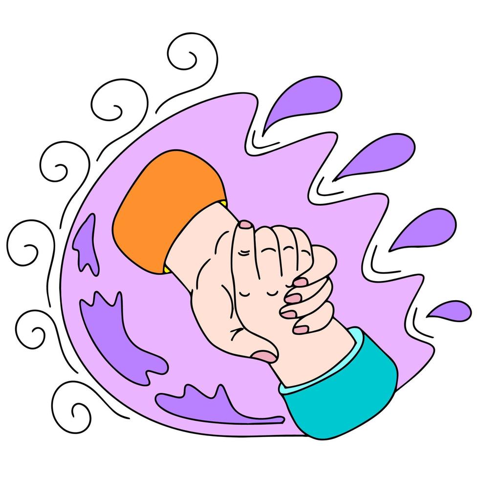 Handshake. Hands tightly squeeze. The concept of mutual assistance and contract. This is a vector picture in the style of a comic book