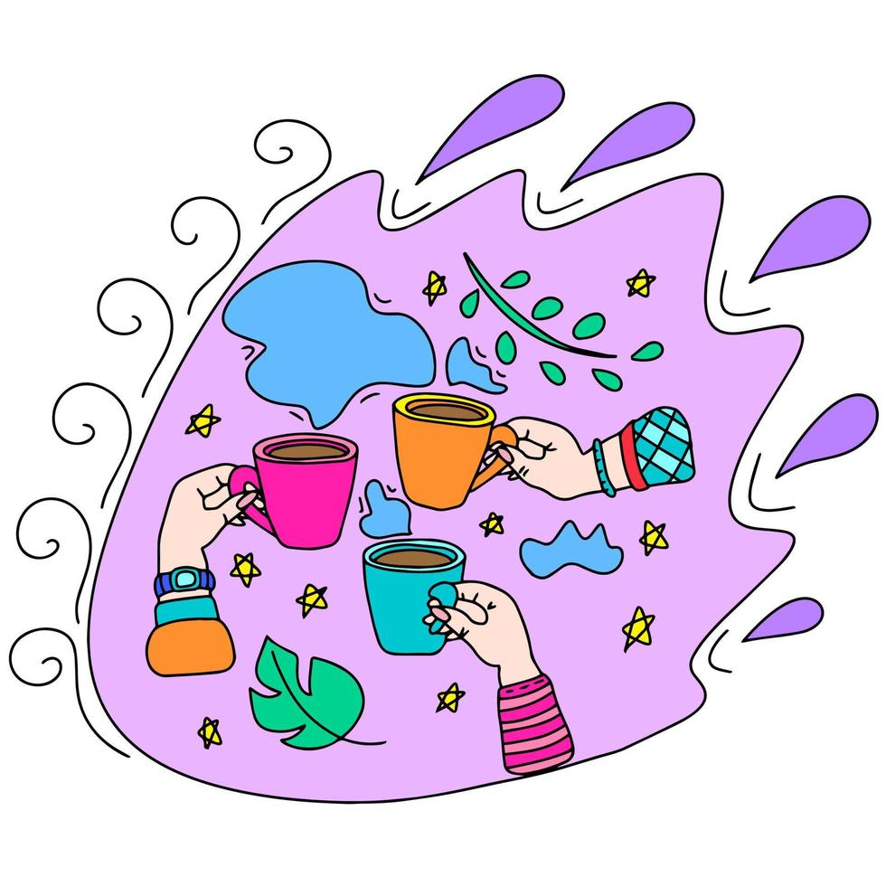 Hands holding cups with a hot drink. The concept of a warm friendly meeting. This is a vector picture in the style of a comic book