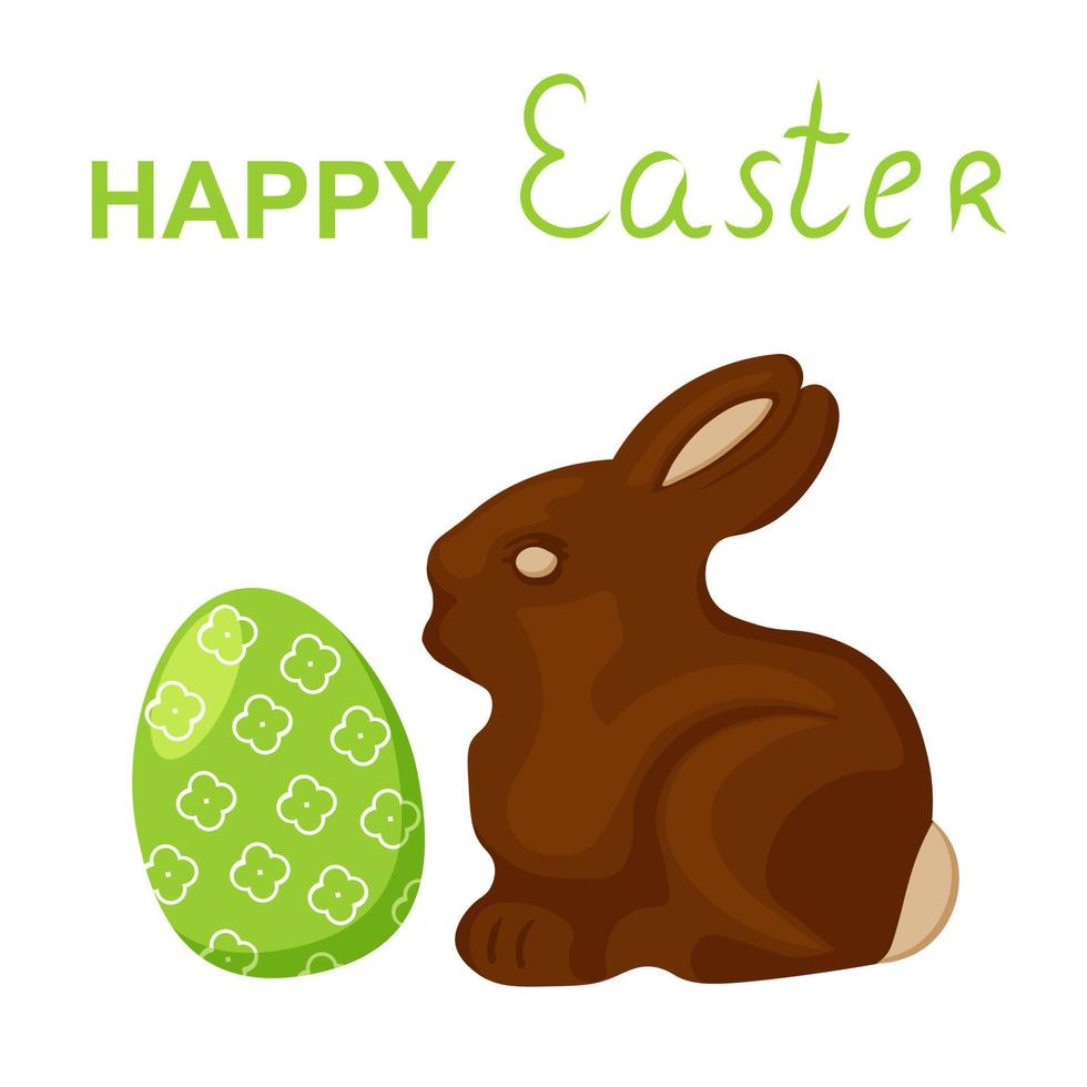 Pascua de Resurrección saludo tarjeta, chocolate conejito y verde huevo vector
