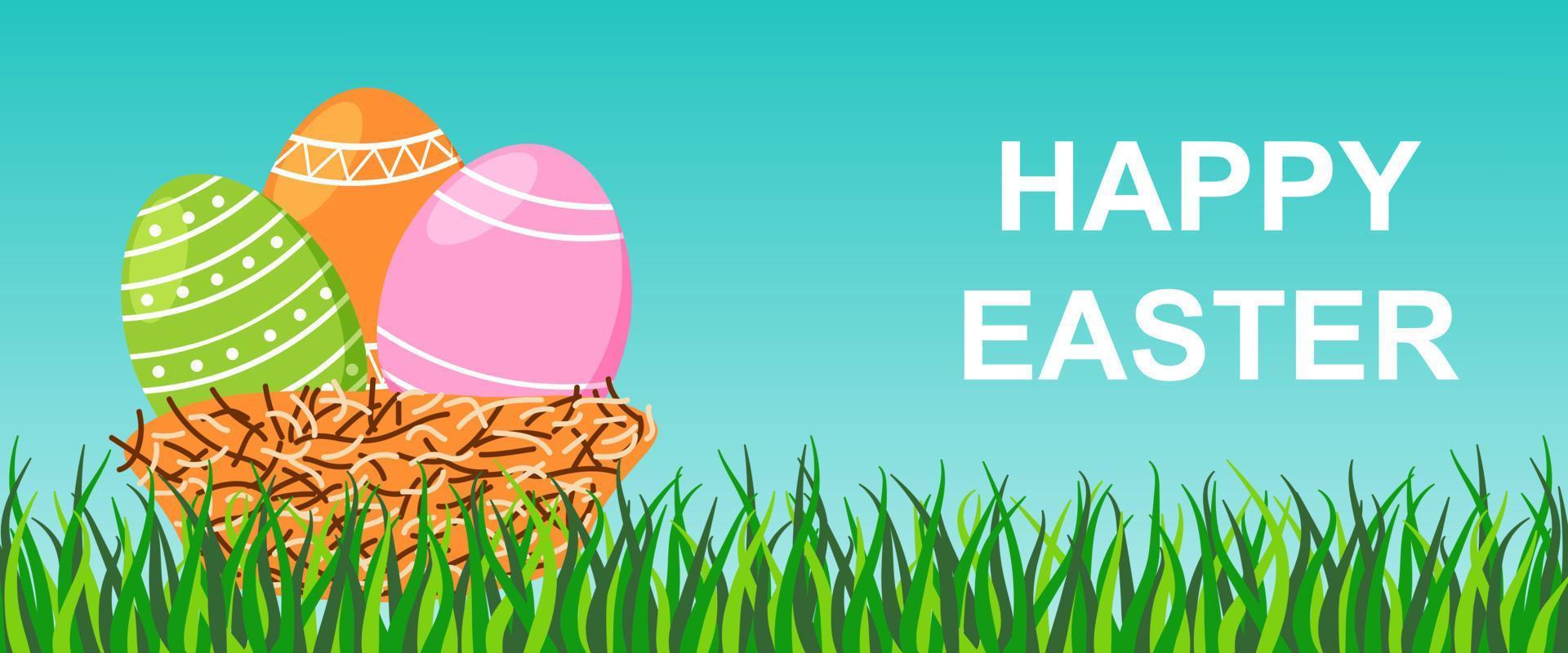 Happy Easter Banner with Grass and Nest with Eggs on Blue Background vector