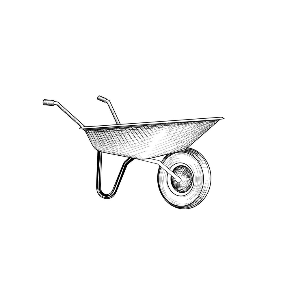 Garden cart. Wheelbarrow engraving. Gardening or construction sign vector