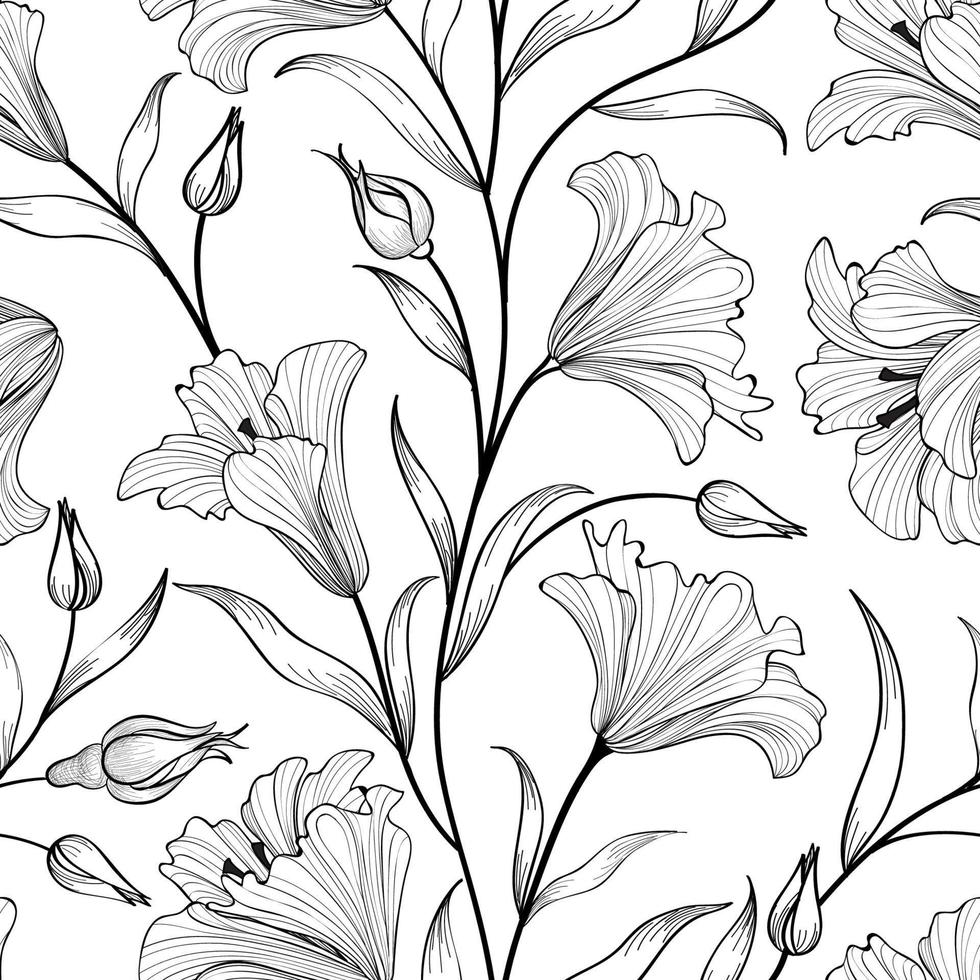 Floral seamless pattern. Flower black and white background. Floral engraving texture with flowers. Flourish sketch tiled wallpaper vector