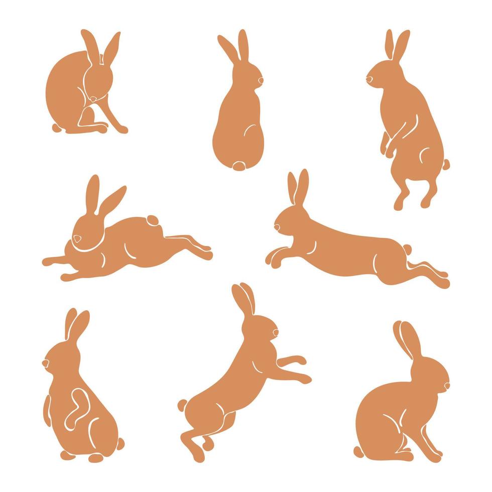 Isolated rabbits on white background, set of different rabbit silhouettes. Easter symbol vector