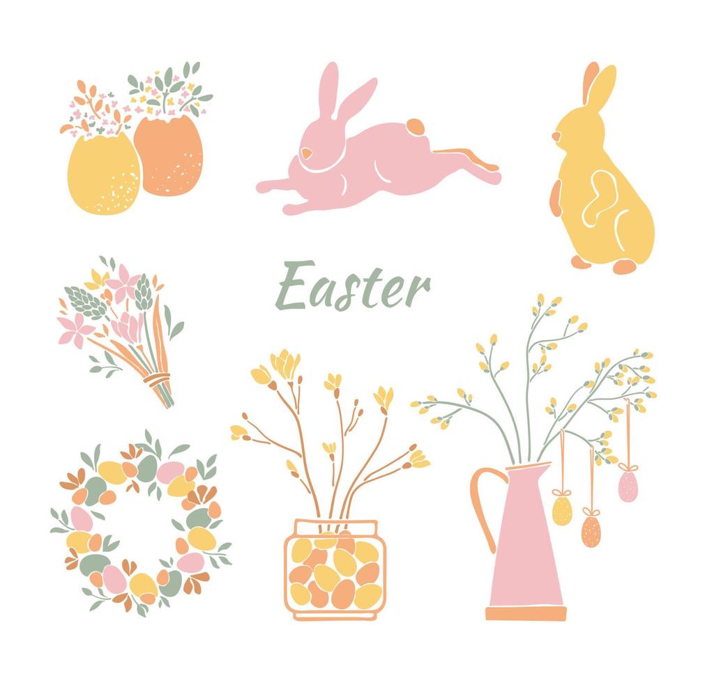 Easter cute hand drawn elements set. Easter eggs, flowers, rabbit, wreath vector