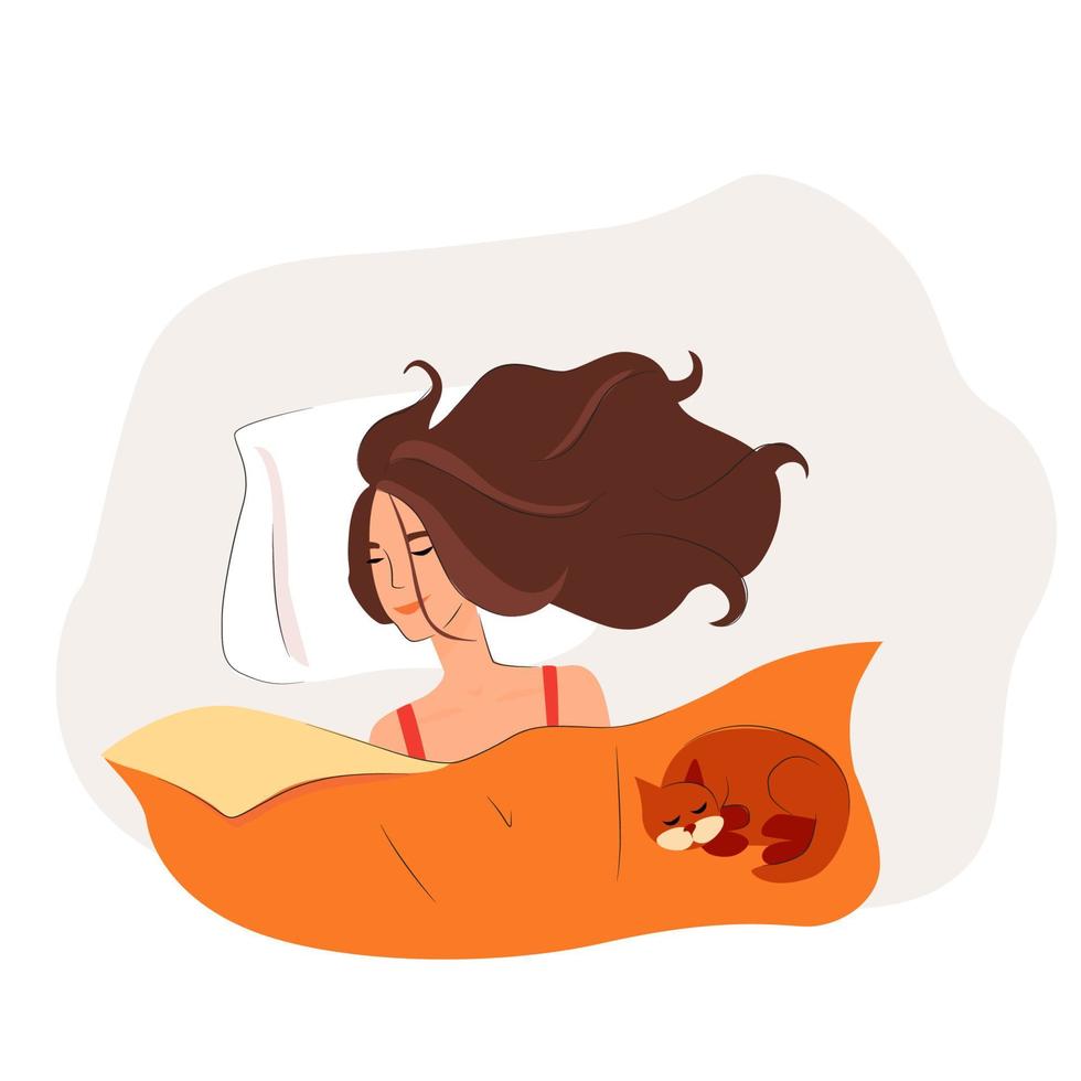 Young woman sleeping with cute cat on bed. Quality healthy sleep. Vector illustration for National Bed Month 2023, National Pet Month, Respect Your Cat Day.
